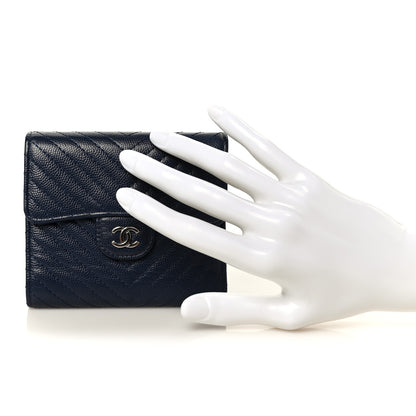 Chanel Caviar Chevron Quilted Compact Flap Wallet Navy 2 of 11