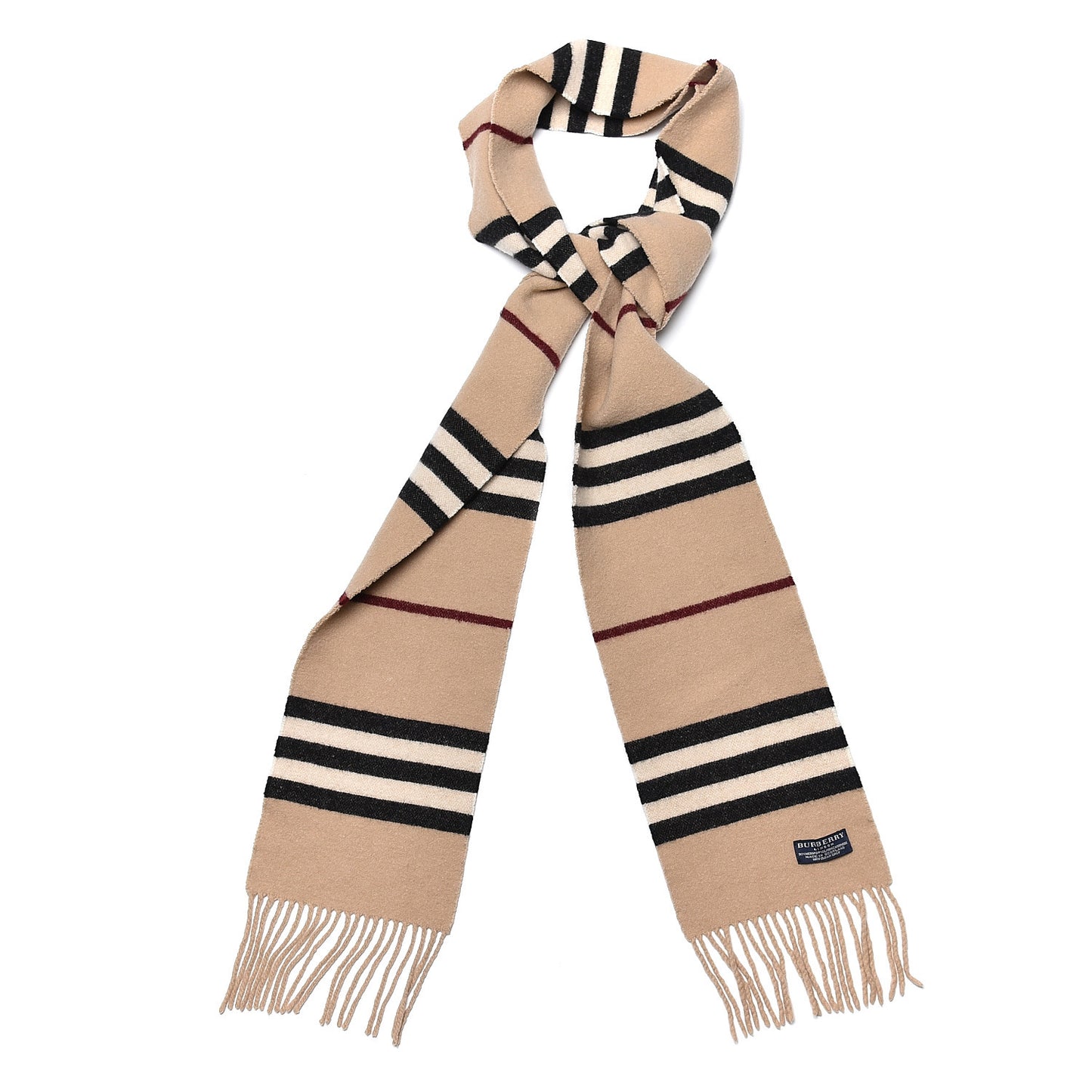 Merino Wool Cashmere Striped Fringe Scarf Camel
