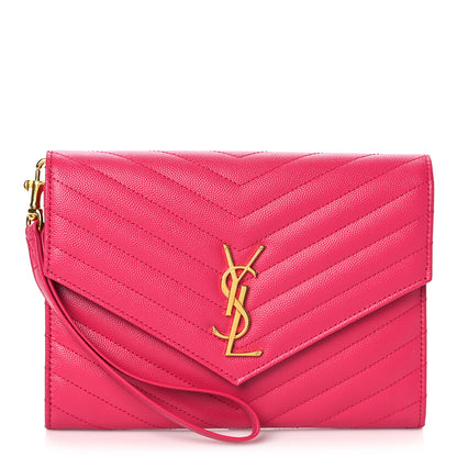 Saint Laurent Grain De Poudre Matelasse Chevron Monogram Envelope Clutch Fuchsia 2 of 8