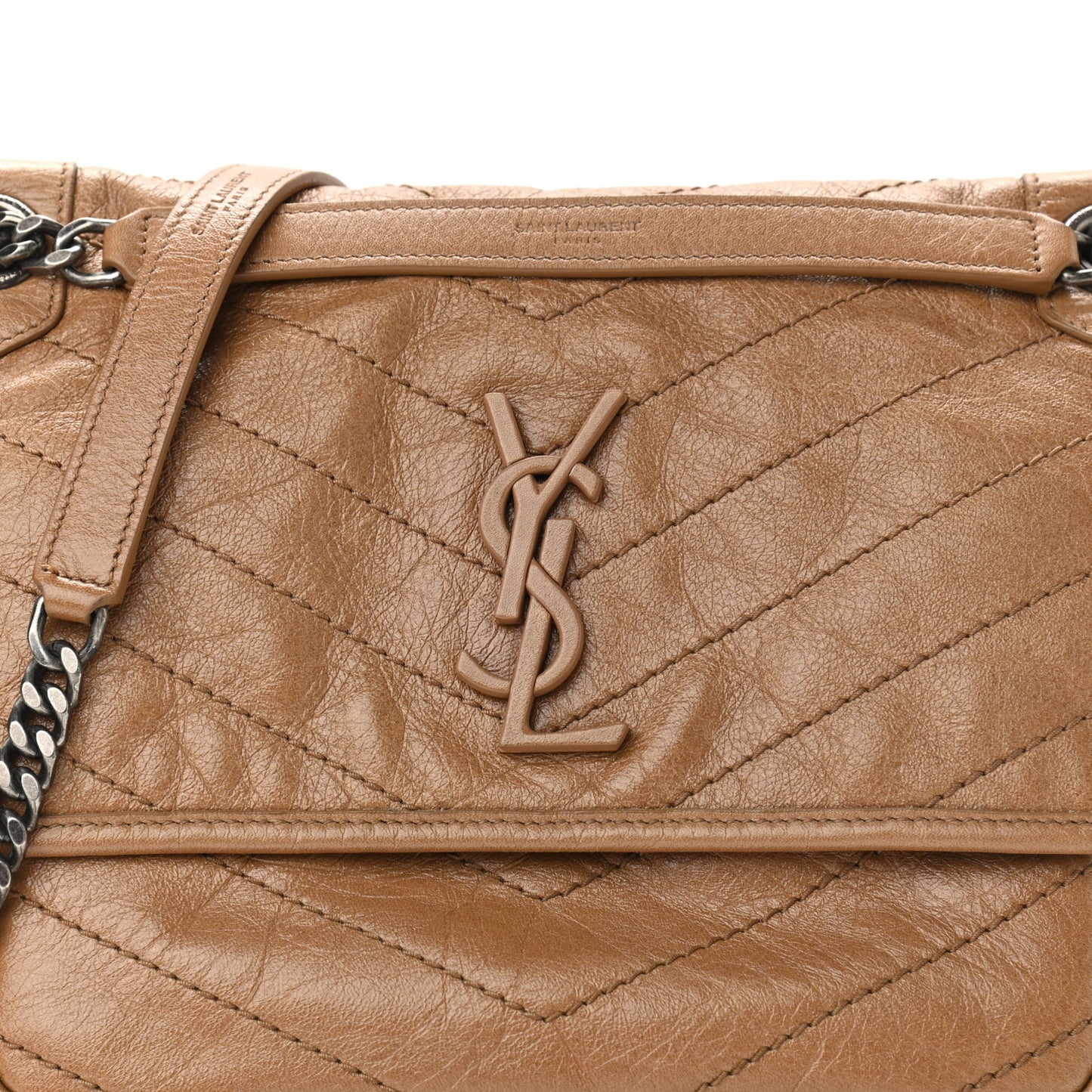 Crinkled Calfskin Matelasse Monogram Medium Niki Chain Satchel Natural Tan