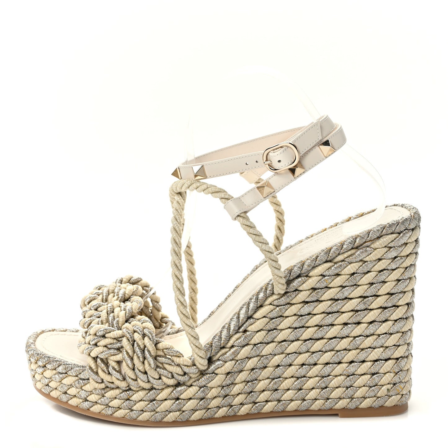 Braided Cotton Calfskin Rockstud Torchon Espadrille Wedge Sandals 41 Light Ivory