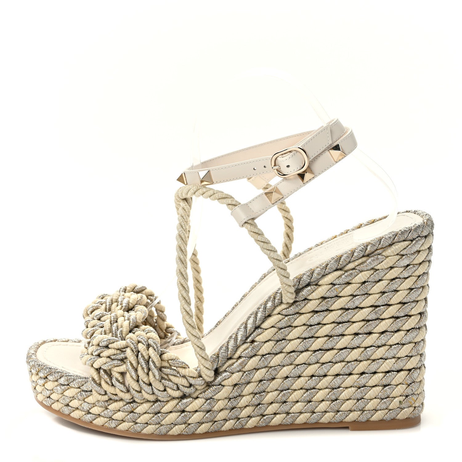 Valentino Garavani Braided Cotton Calfskin Rockstud Torchon Espadrille Wedge Sandals 41 Light Ivory 1 of 7
