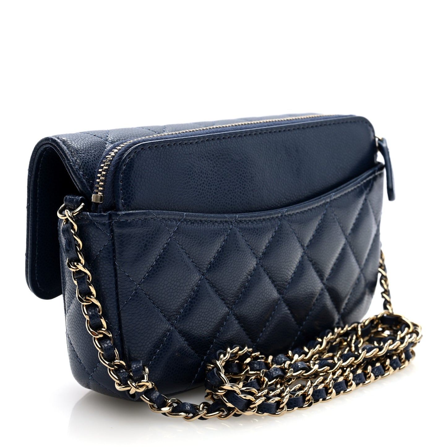 Caviar Quilted Flap Phone Holder With Chain Navy Blue
