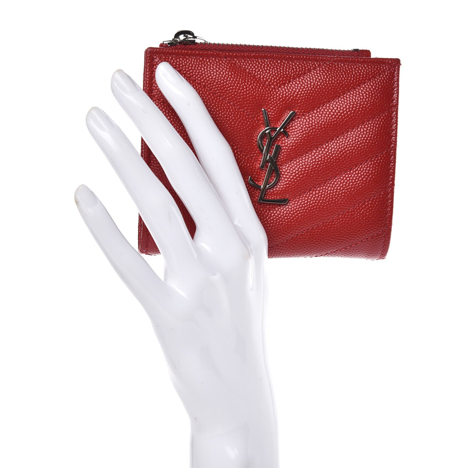 Saint Laurent Grain De Poudre Matelasse Chevron Monogram Zipped Card Case Rouge 2 of 7