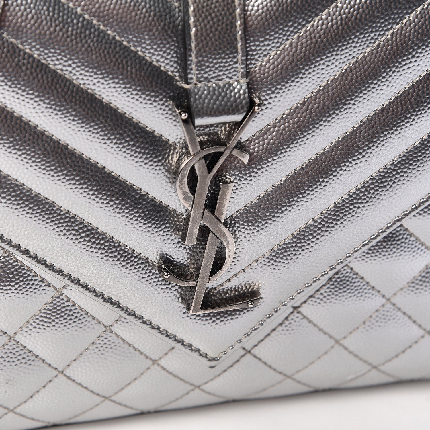 Saint Laurent Metallic Grain De Poudre Textured Mixed Matelasse Triquilt Medium Monogram Satchel Silver 10 of 10