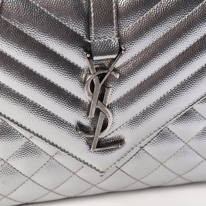 Saint Laurent Metallic Grain De Poudre Textured Mixed Matelasse Triquilt Medium Monogram Satchel Silver 10 of 10