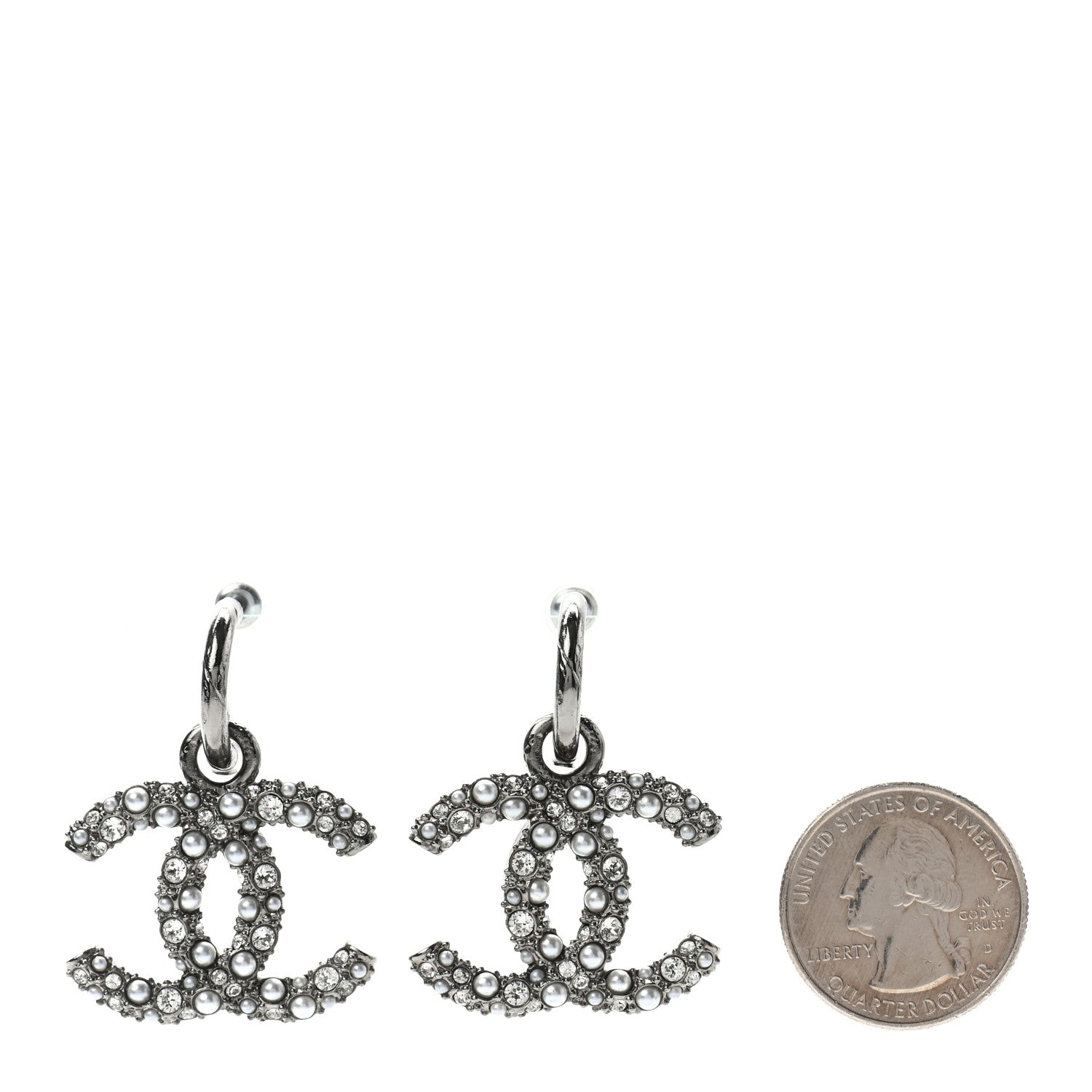 Chanel Crystal Pearl Caviar CC Drop Earrings Silver 2 of 4