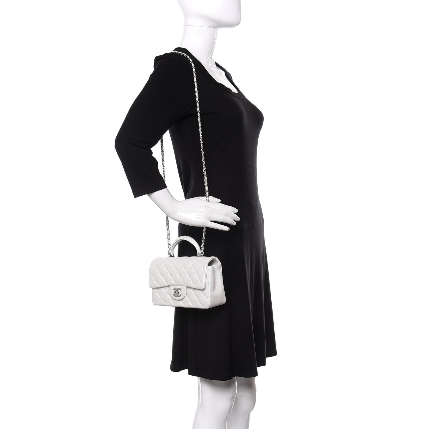 Iridescent Caviar Quilted Mini Top Handle Rectangular Flap White