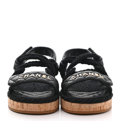 Chanel Cord Lambskin Quilted Logo Sandals 35 Black 2 of 9