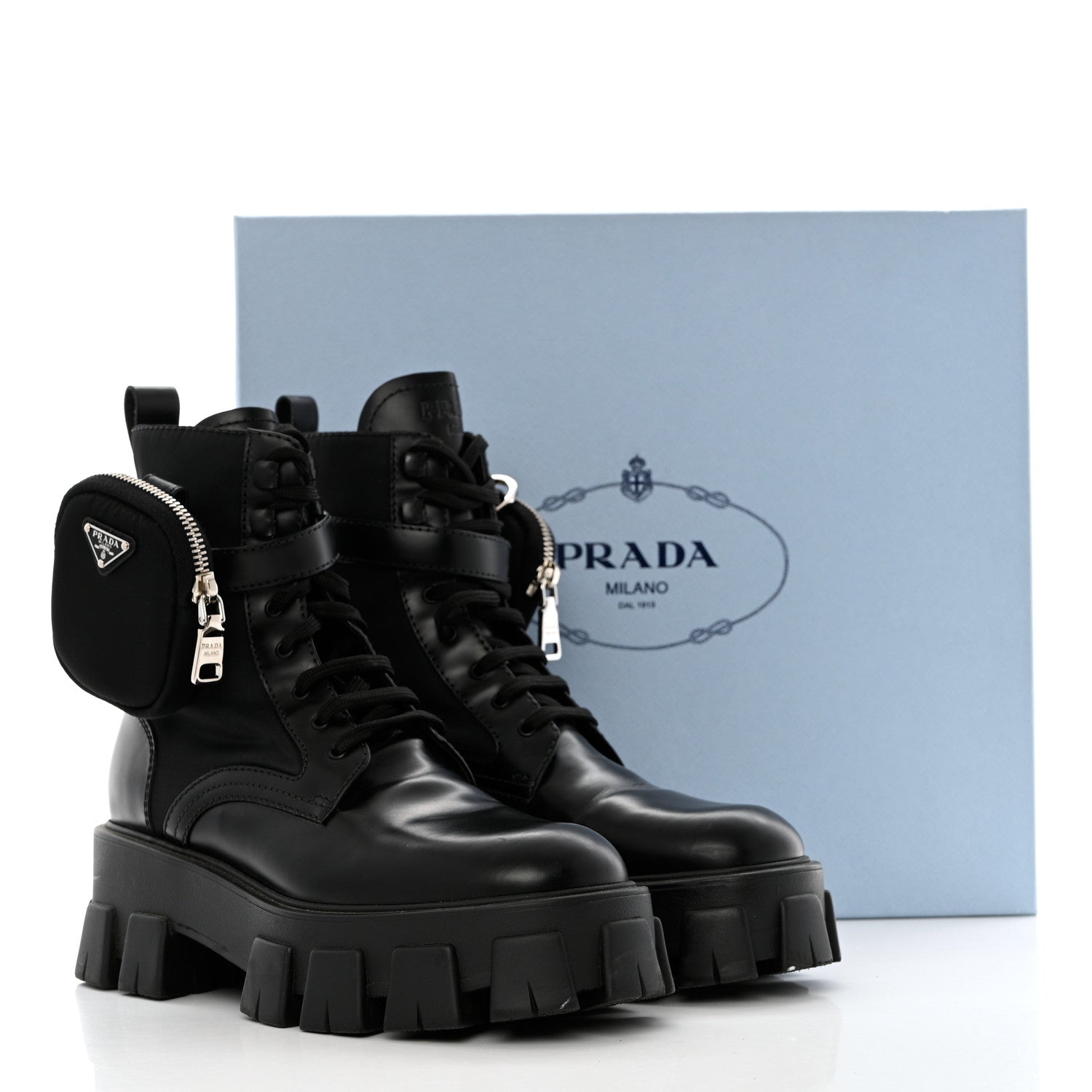 Prada Spazzolato Rois Nylon Metal Triangle Logo Monolith Pouch Pocket 55mm Boots 39 Black 13 of 13
