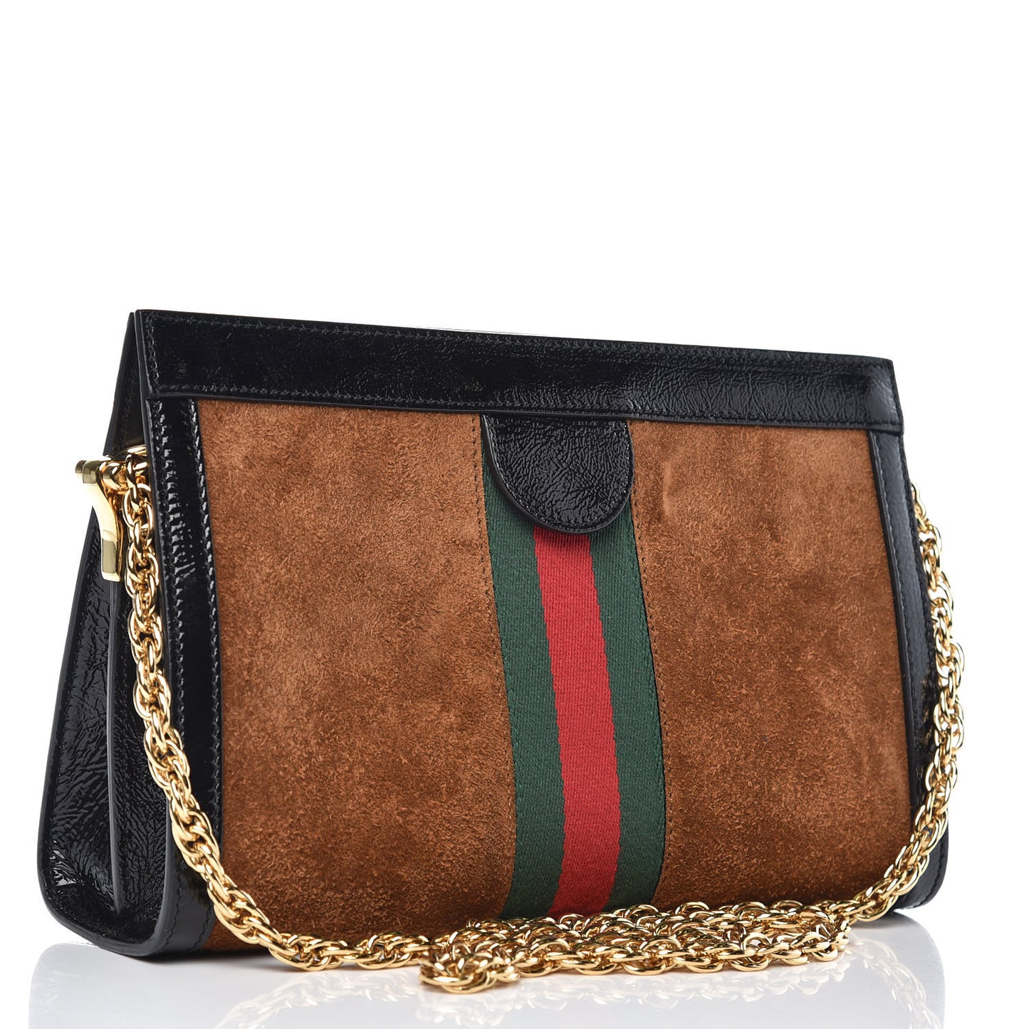 Suede Patent Web Small Ophidia Chain Shoulder Bag Nocciola Black