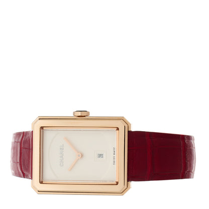 Chanel 18K Beige Gold Alligator 26.7mm Boy-Friend Quartz Watch Red 2 of 4