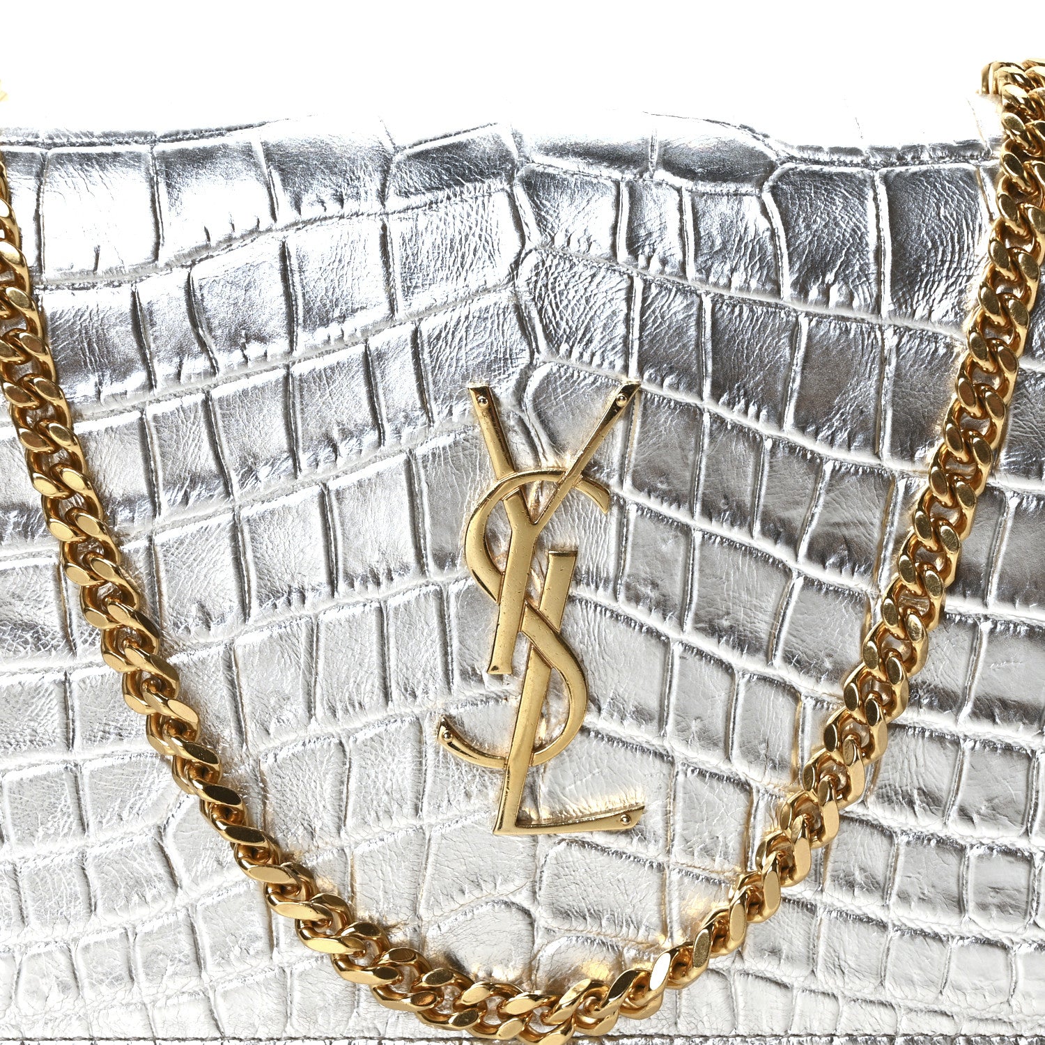 Saint Laurent Calfskin Crocodile Embossed Monogram Chain Wallet Argento 8 of 10