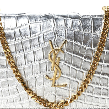 Saint Laurent Calfskin Crocodile Embossed Monogram Chain Wallet Argento 8 of 10