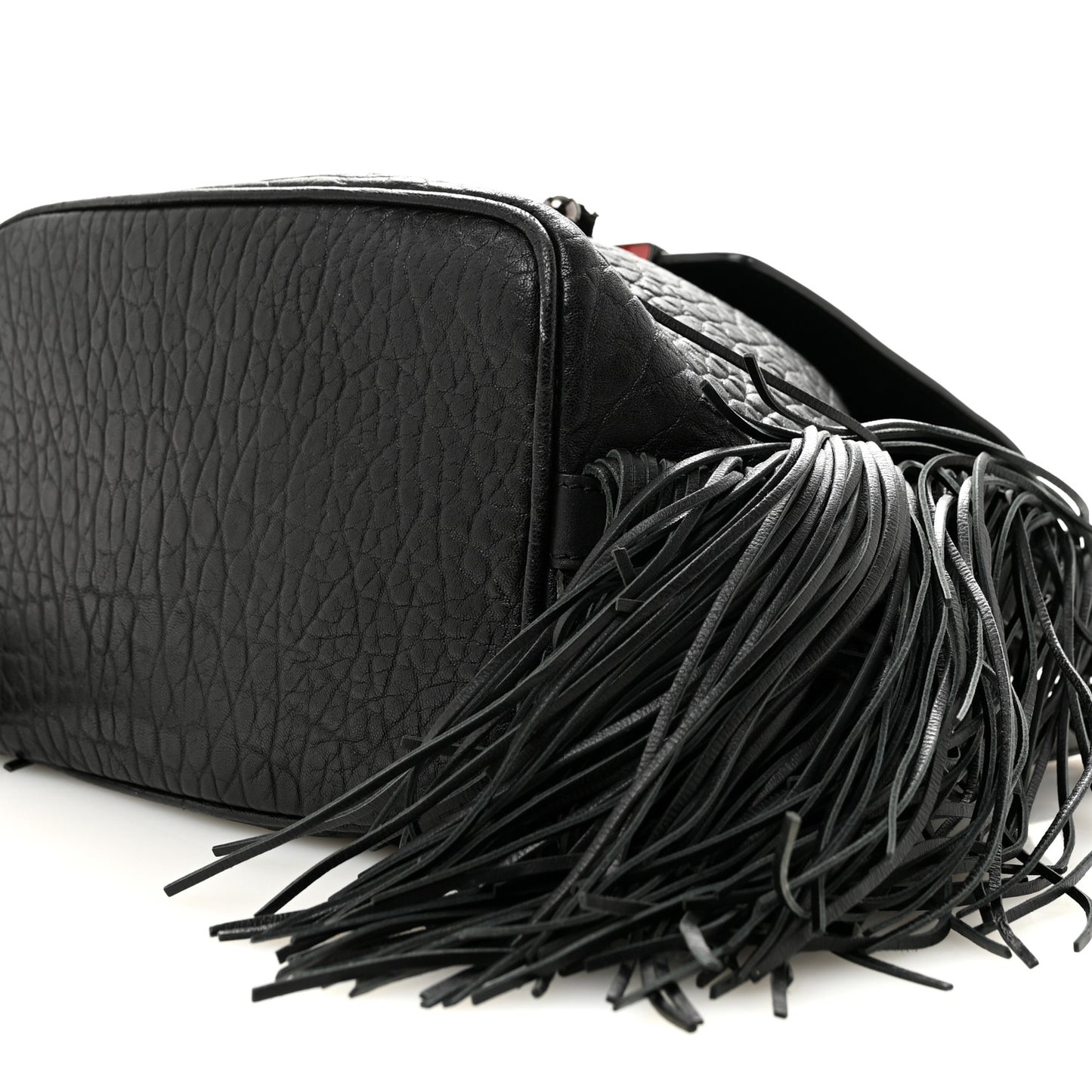 Pebbled Calfskin Fringe Lucky L Convertible Backpack Black