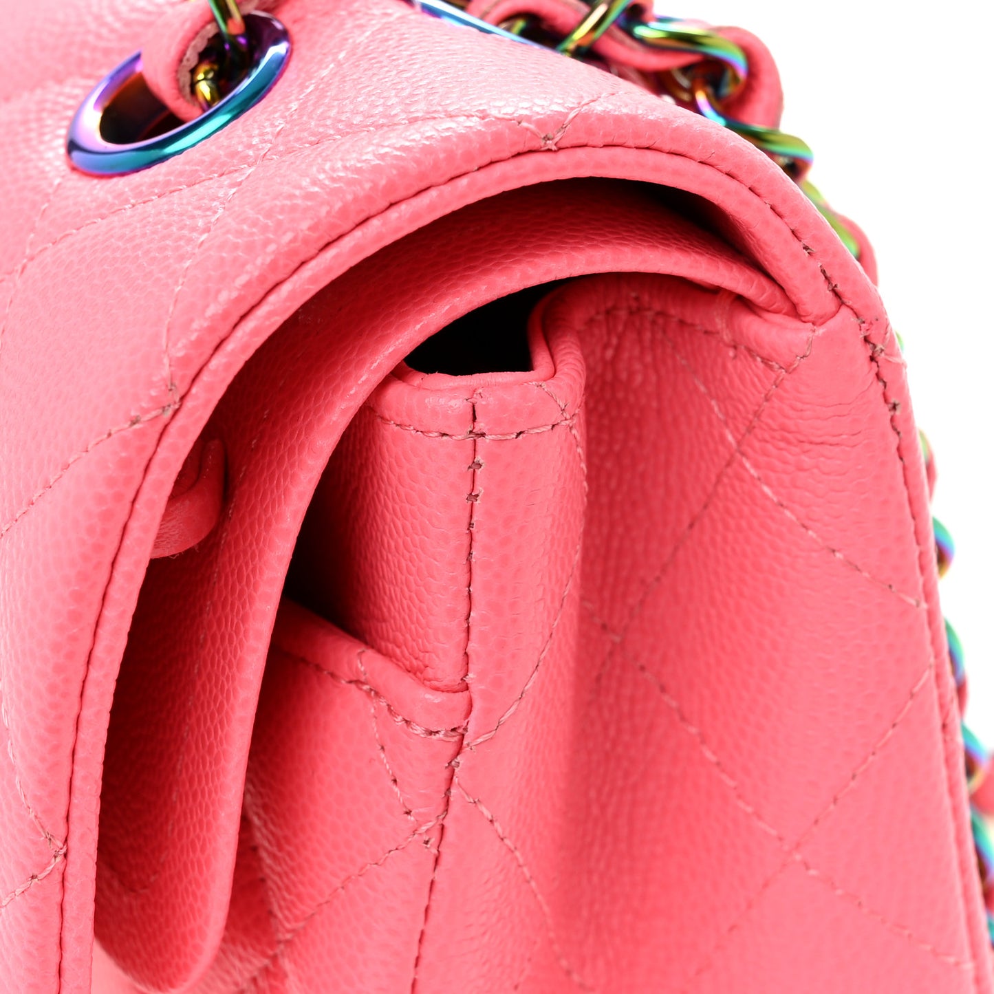 Caviar Quilted Rainbow Medium Double Flap Coral Pink