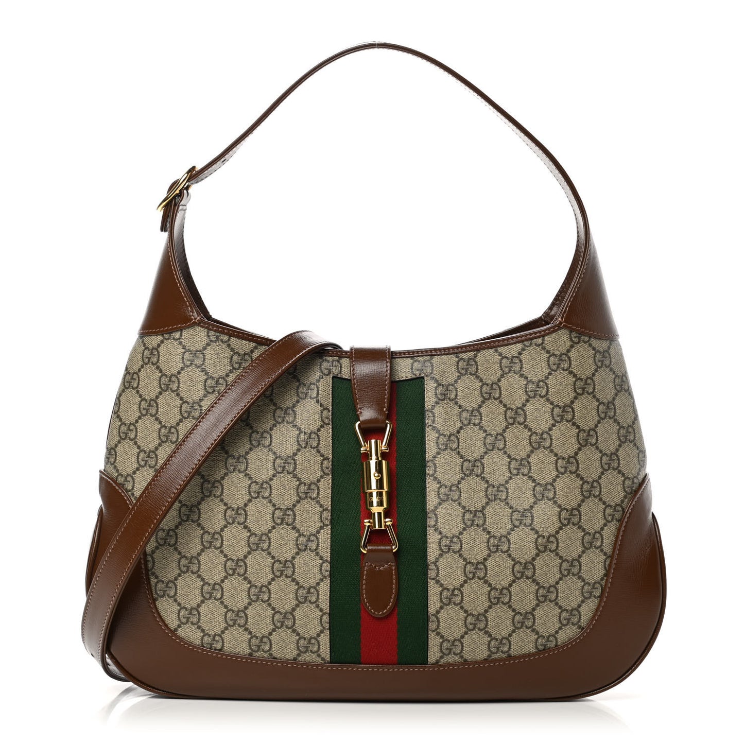 GG Supreme Monogram Azalea Calfskin Web Medium Jackie 1961 Hobo Beige Ebony Brown Sugar