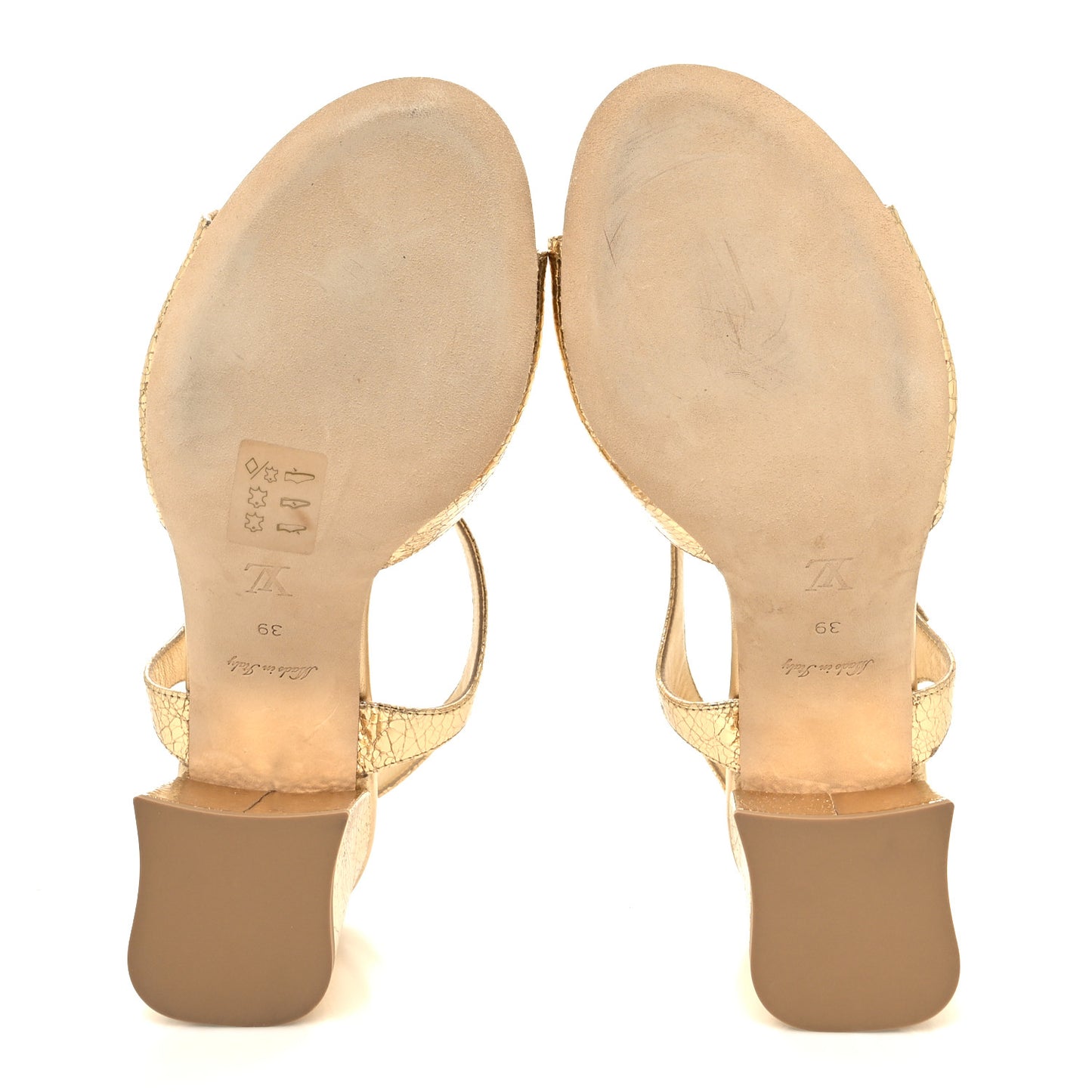 Metallic Crinkled Calfskin LV Edge Sandals 39 Gold