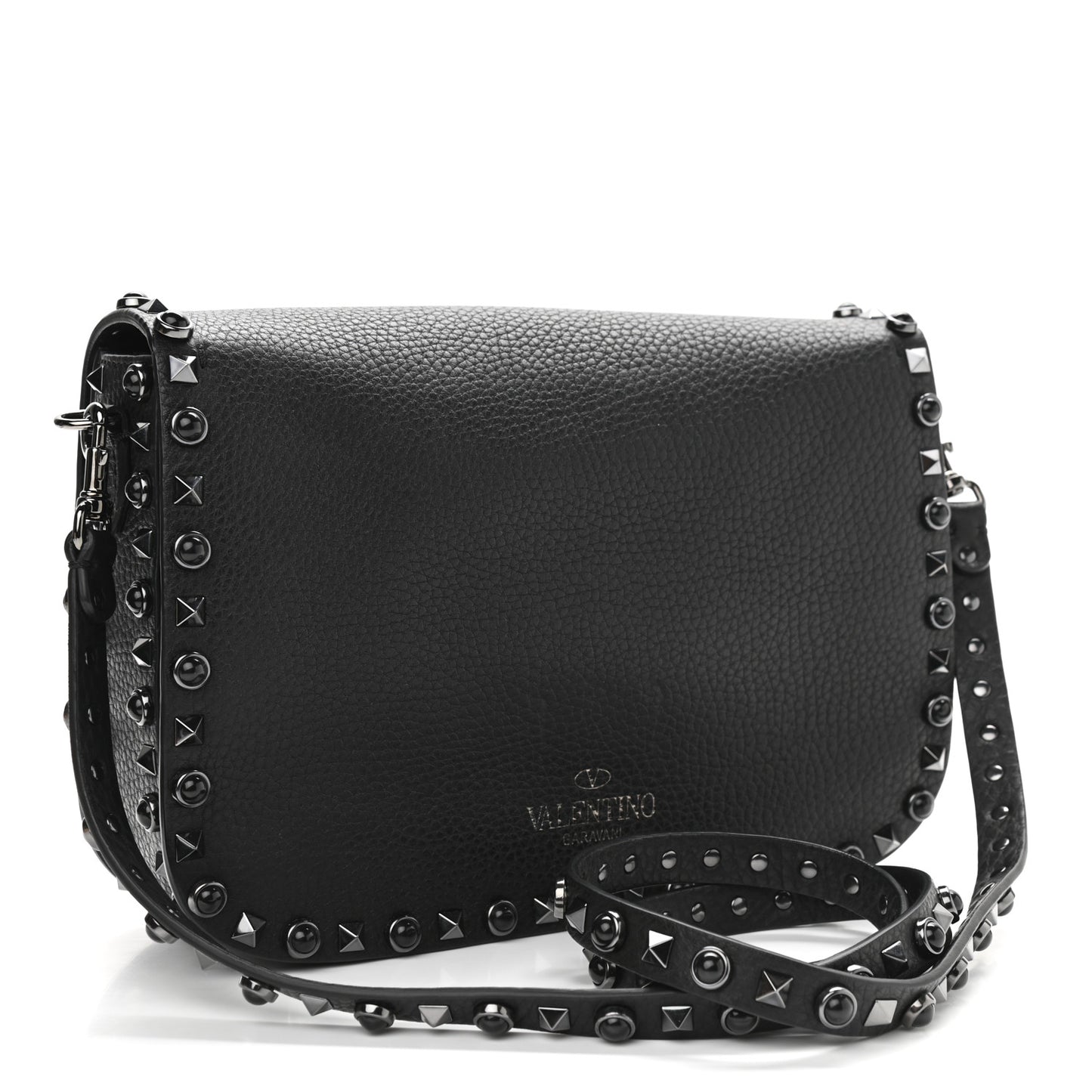 Pebbled Calfskin Onyx Medium Rockstud Rolling Flap Saddle Bag Black