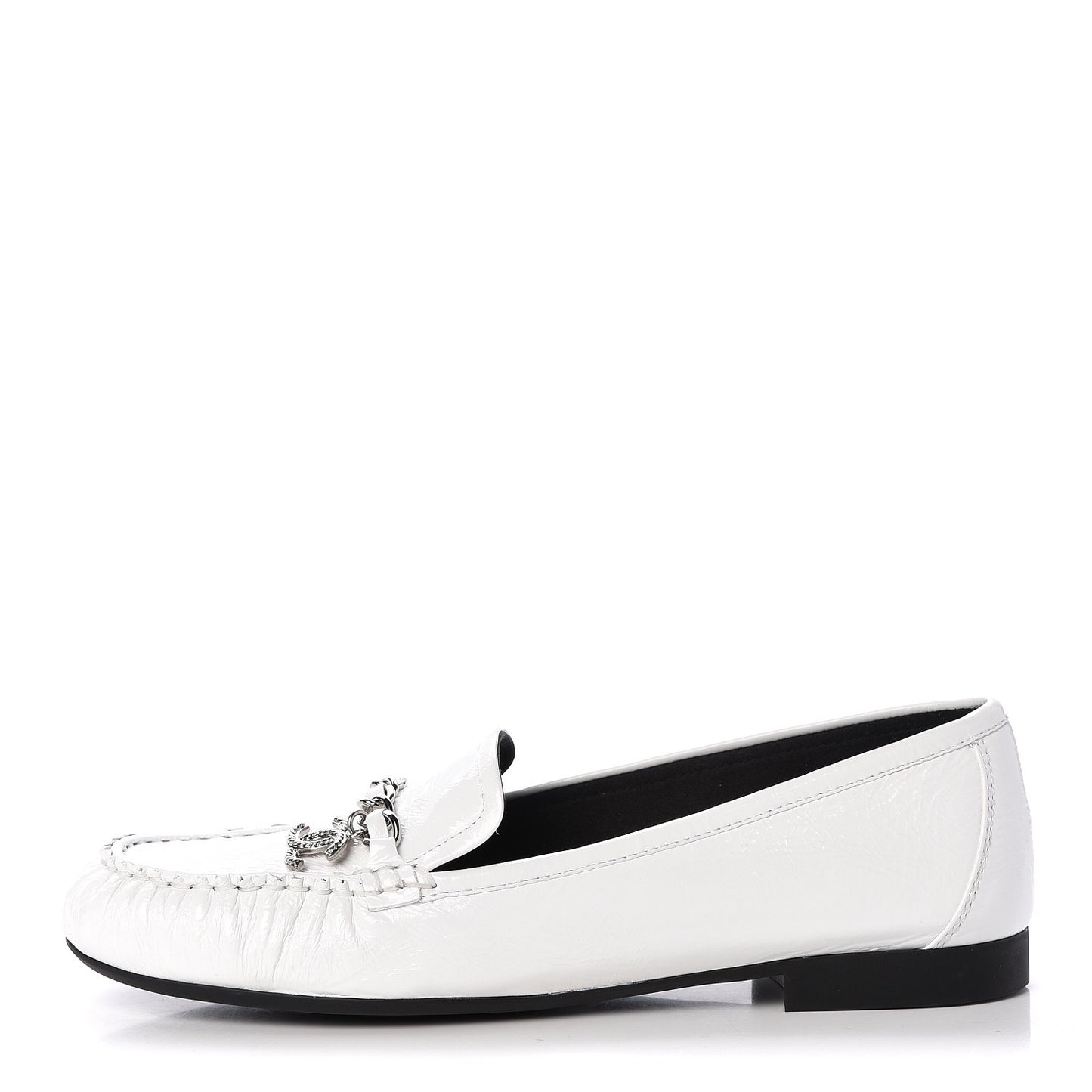 Crackled Patent Calfskin CC Chain Mocassin Loafers 39.5 White