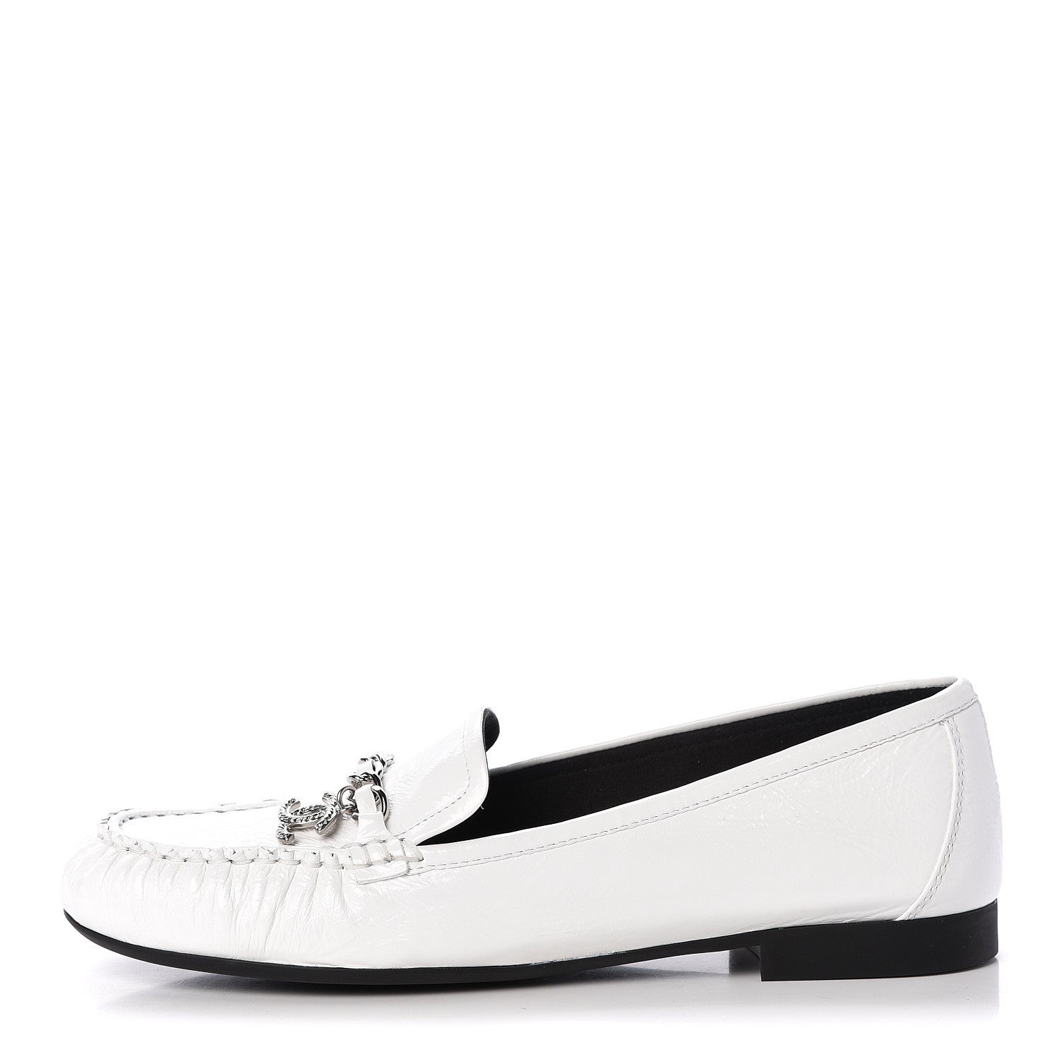 Chanel Crackled Patent Calfskin CC Chain Mocassin Loafers 39.5 White 1 of 8