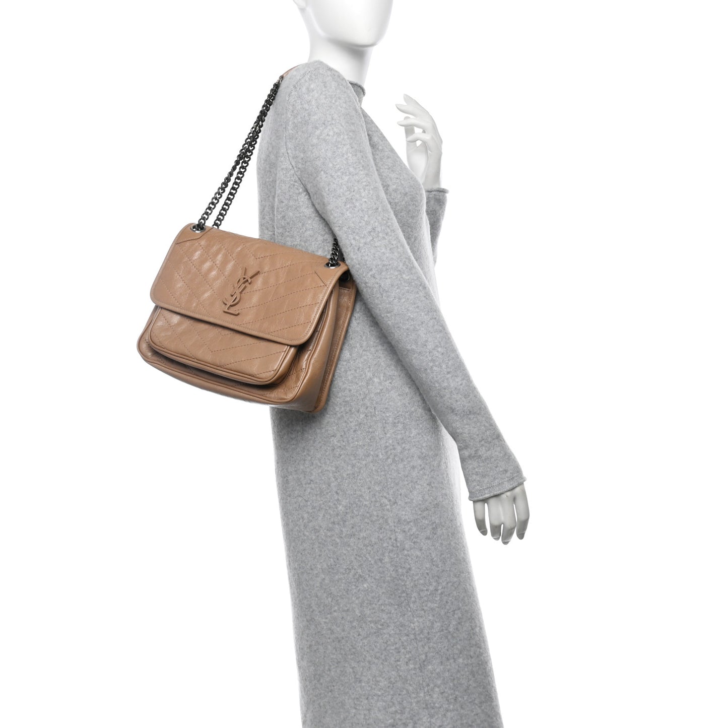 Crinkled Calfskin Matelasse Monogram Medium Niki Chain Satchel Light Taupe