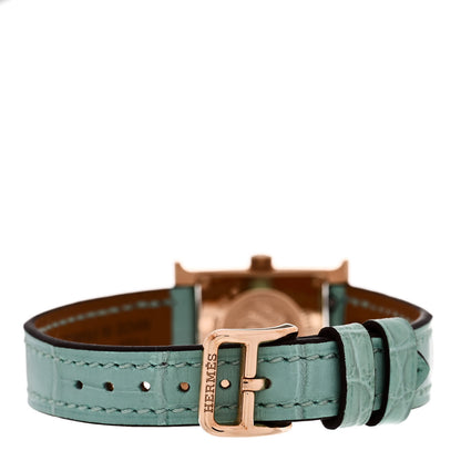 Hermes 18K Rose Gold Alligator Diamond Bezel Amazonite 17.2mm Heure H Hour Quartz Watch Bleu Aqua 3 of 5