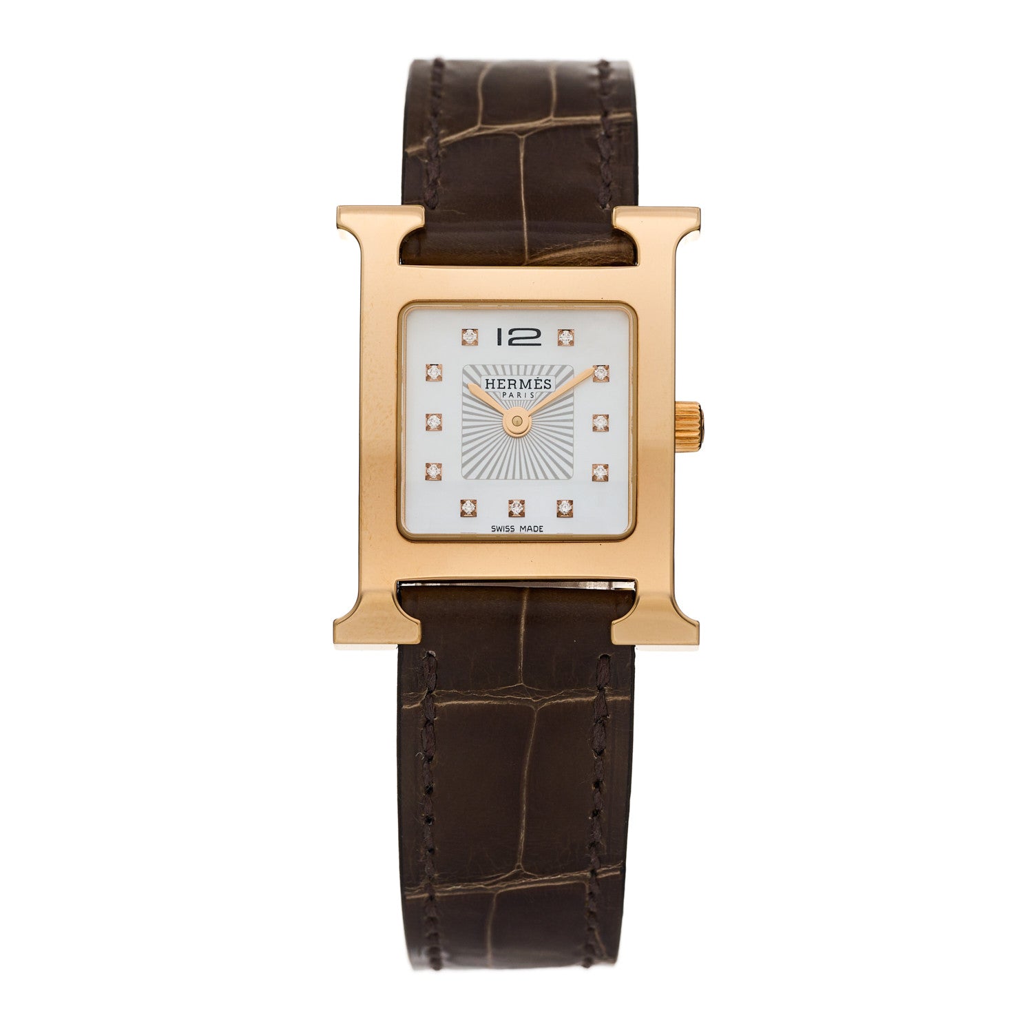 Hermes Stainless Steel Alligator Diamond Mother of Pearl 21mm Heure H Hour Quartz Watch Gris Elephant 1 of 5