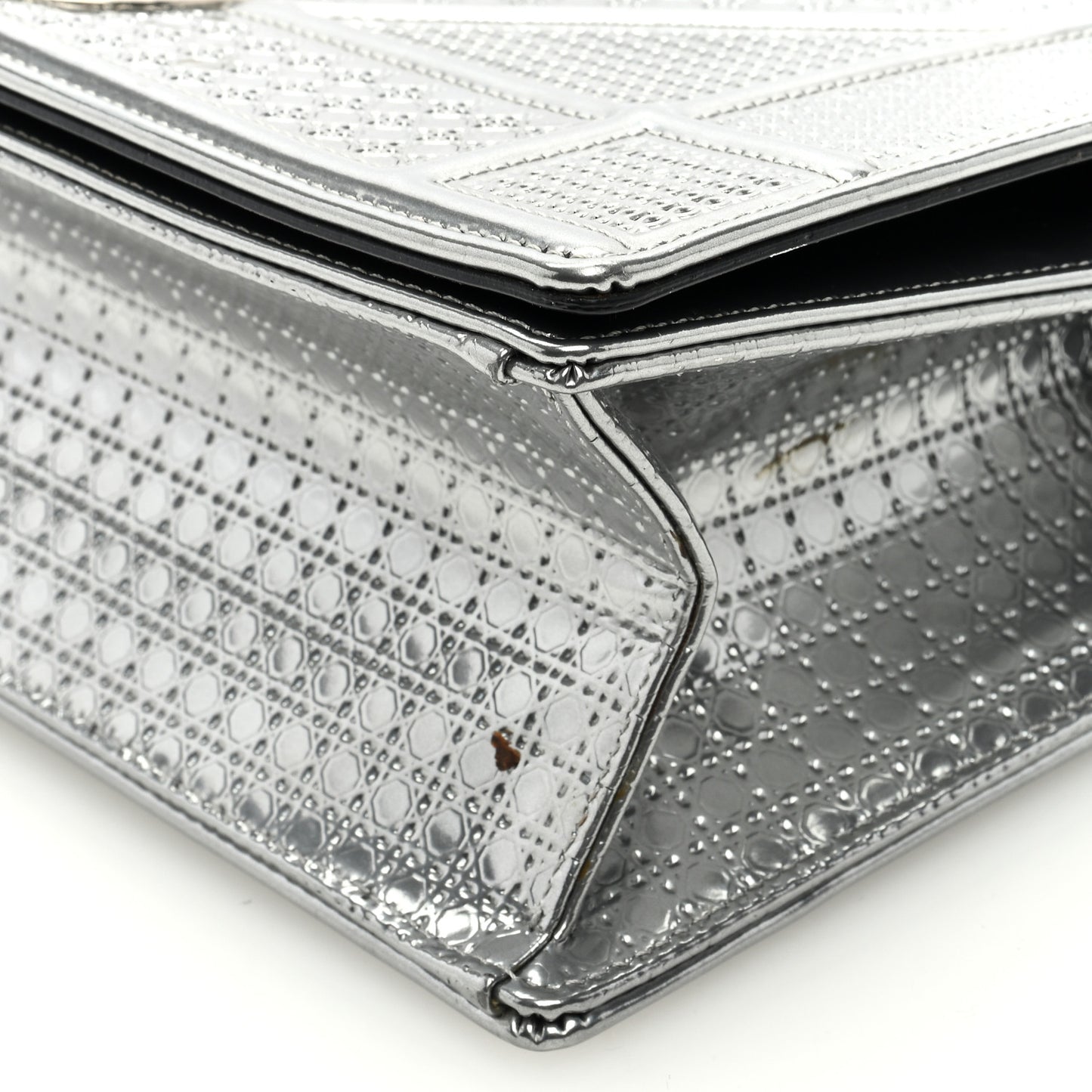 CHRISTIAN DIOR Metallic Patent Micro-Cannage Medium Diorama Flap Bag Silver