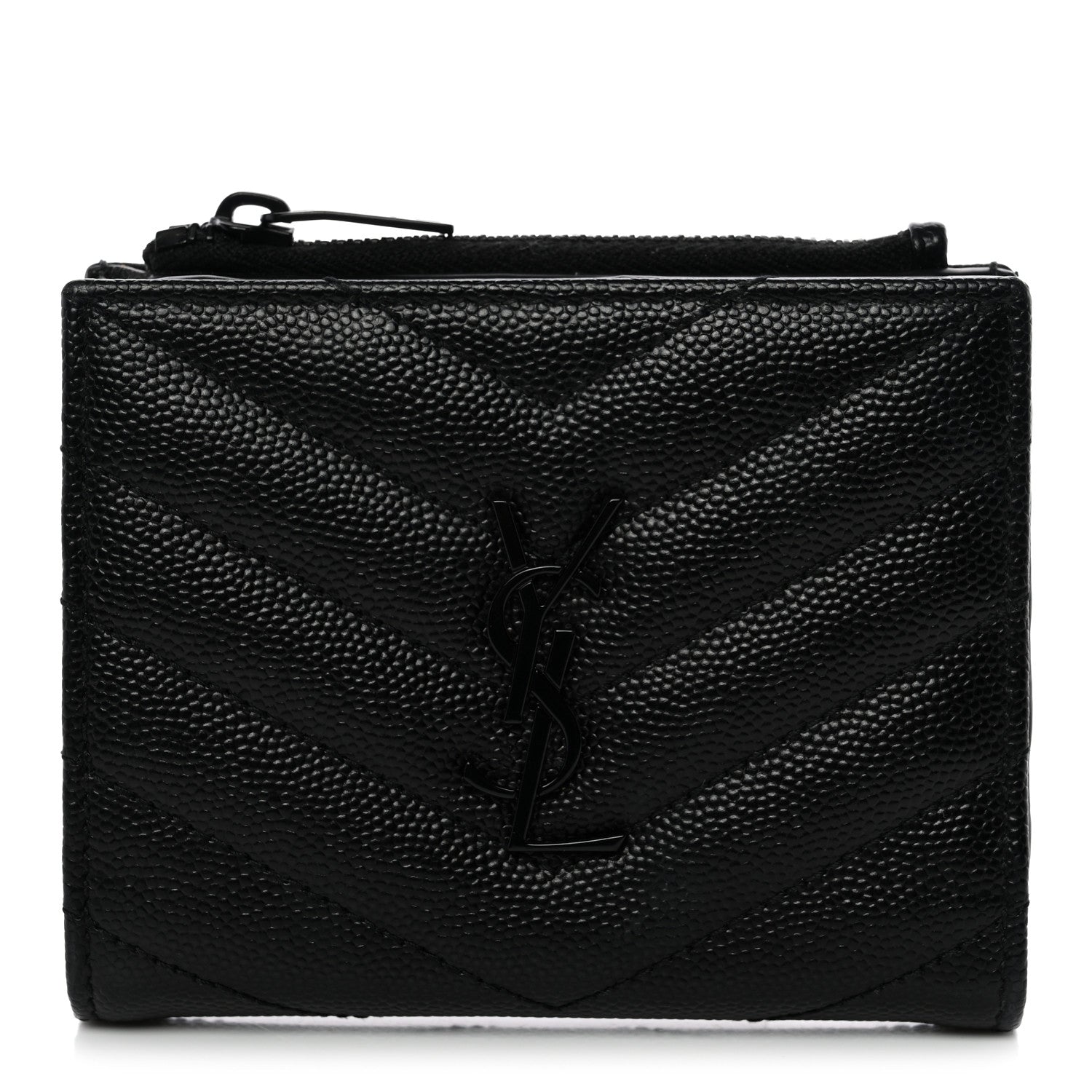 Saint Laurent Grain De Poudre Matelasse Chevron Monogram Zipped Two-Part Wallet Black 1 of 9