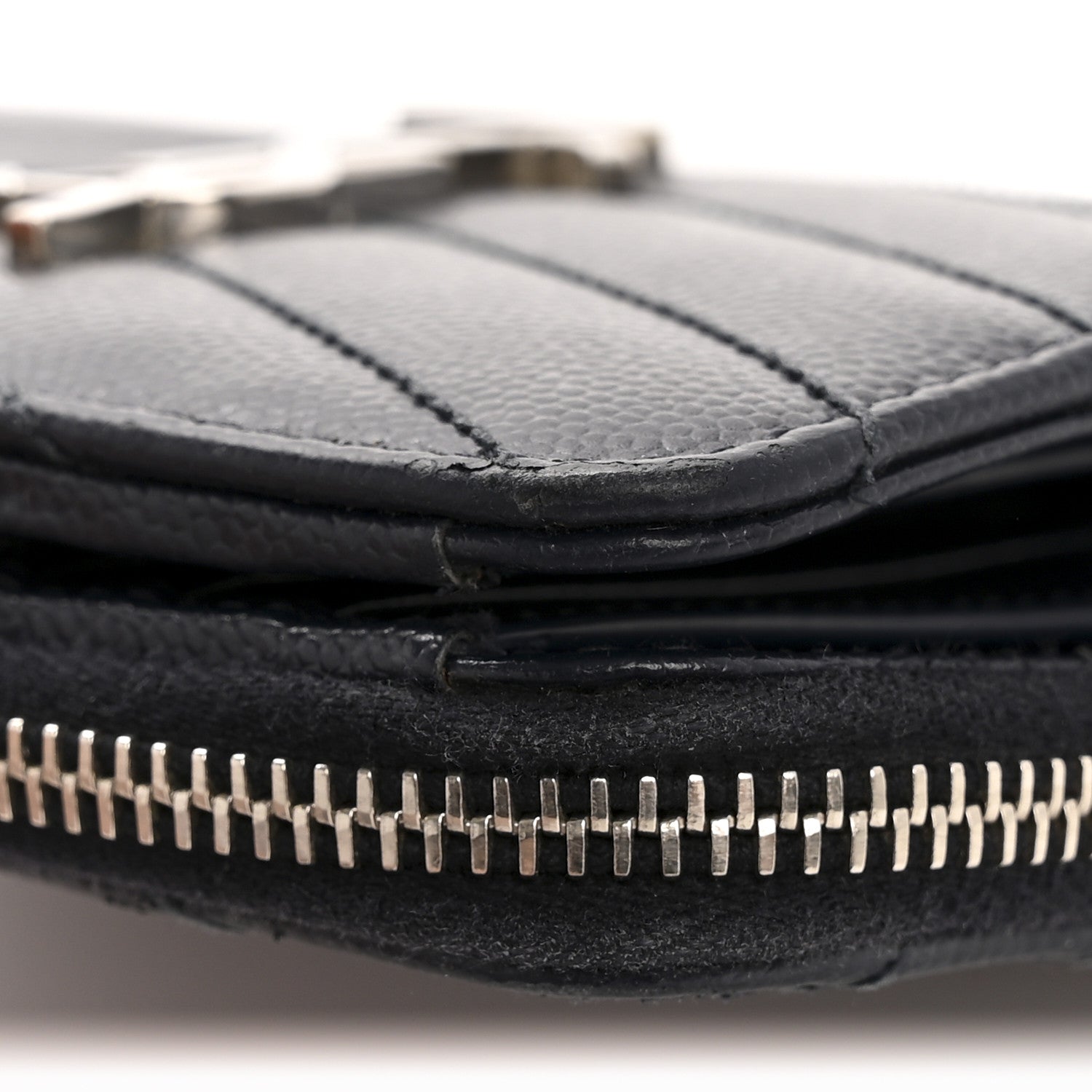 Saint Laurent Grain De Poudre Matelasse Chevron Monogram Compact Zip Around Wallet Deep Marine 11 of 11