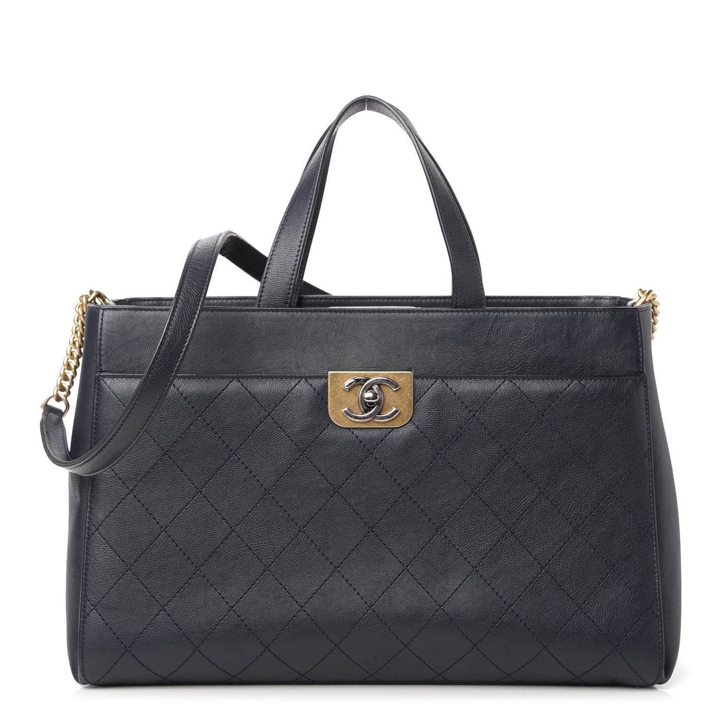 Calfskin Stitched Large Straight Lines Shopping Tote Navy