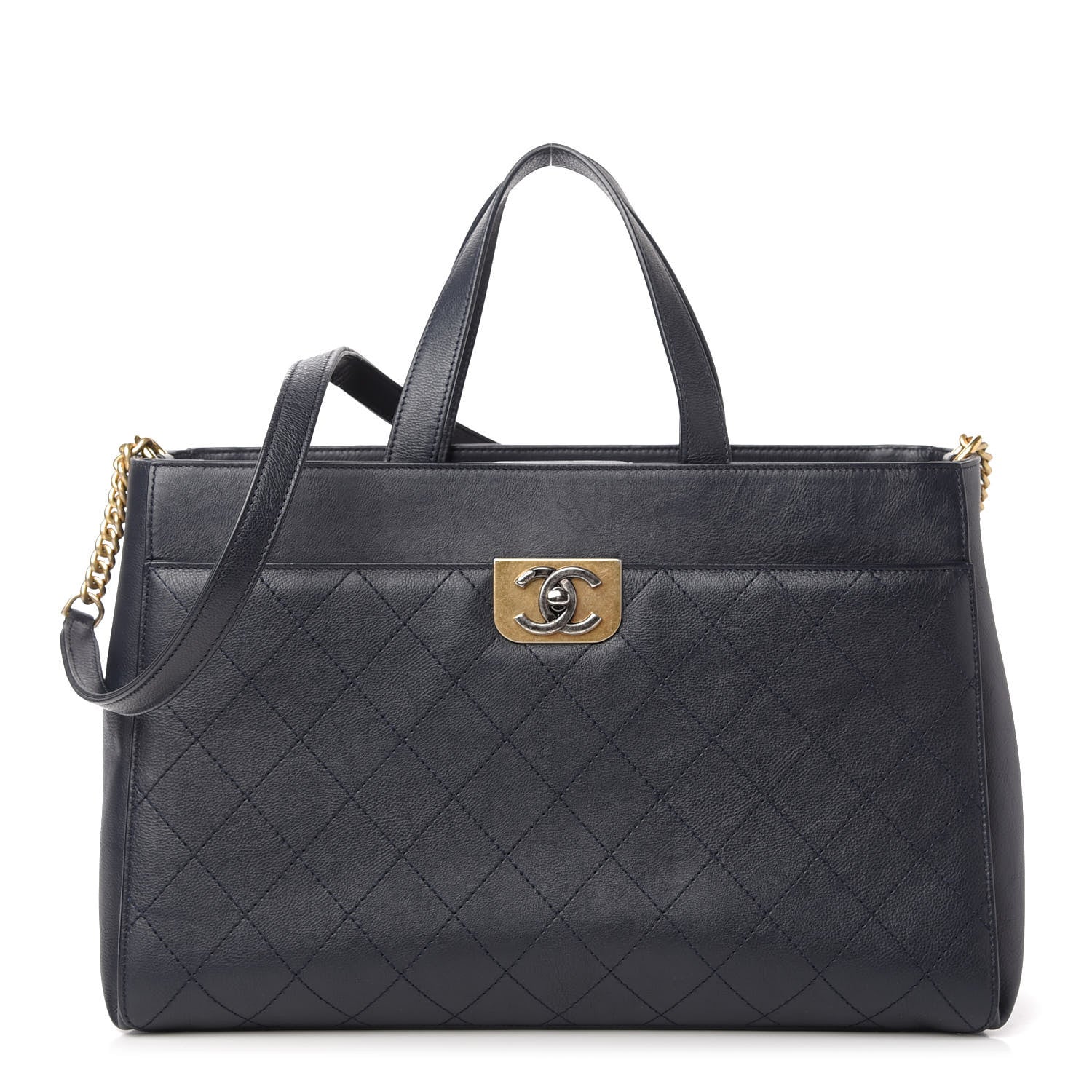 Chanel Calfskin Stitched Large Straight Lines Shopping Tote Navy 1 of 10