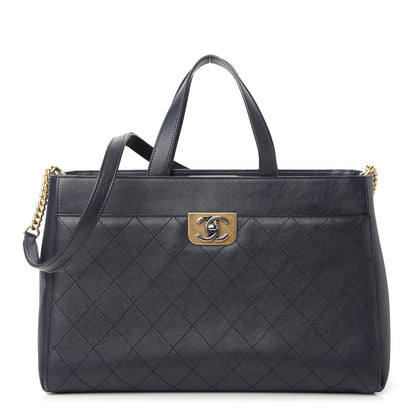 Chanel Calfskin Stitched Large Straight Lines Shopping Tote Navy 1 of 10