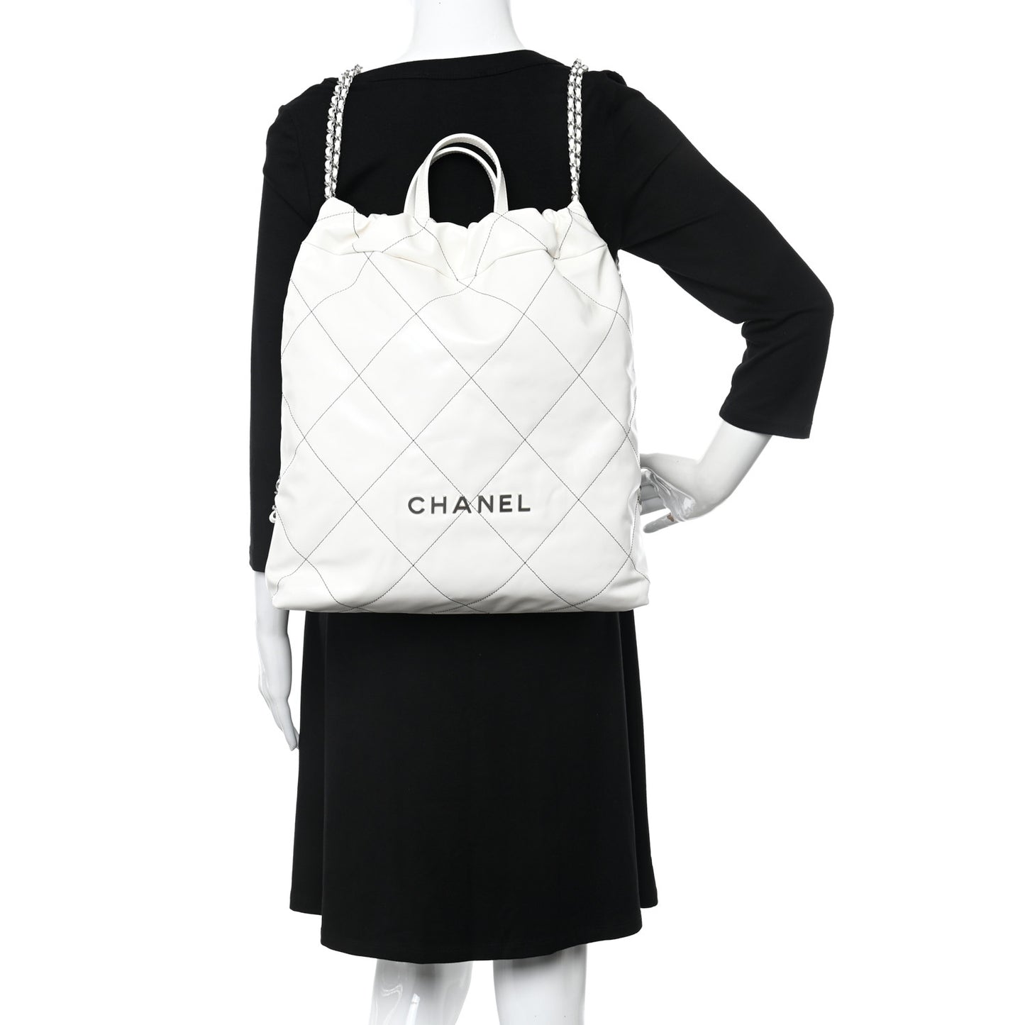 Shiny Calfskin Quilted Chanel 22 Backpack White Black