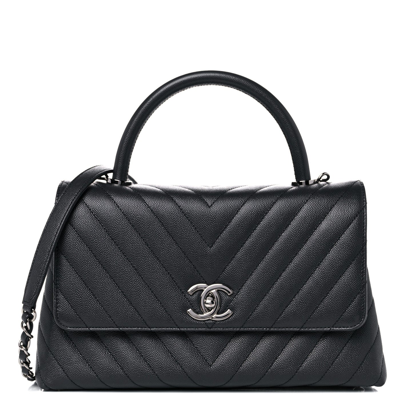 Caviar Chevron Quilted Small Coco Handle Flap Dark Grey