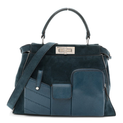 Fendi Chamois Karung Shiny Nappa Medium 3 Pocket Peekaboo Iconic Satchel Cobalto Petrolio 1 of 10