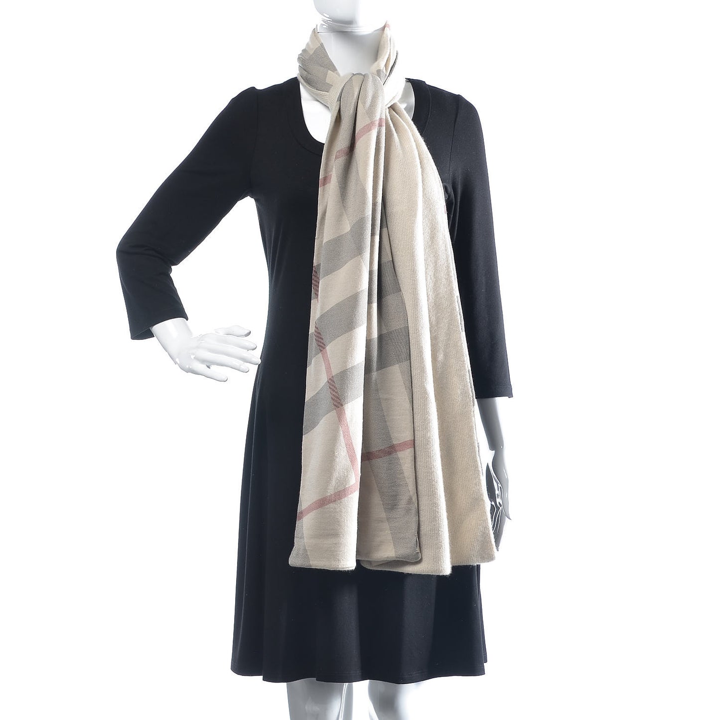 Cashmere Knitted Giant Check Scarf Pale Grey Melange