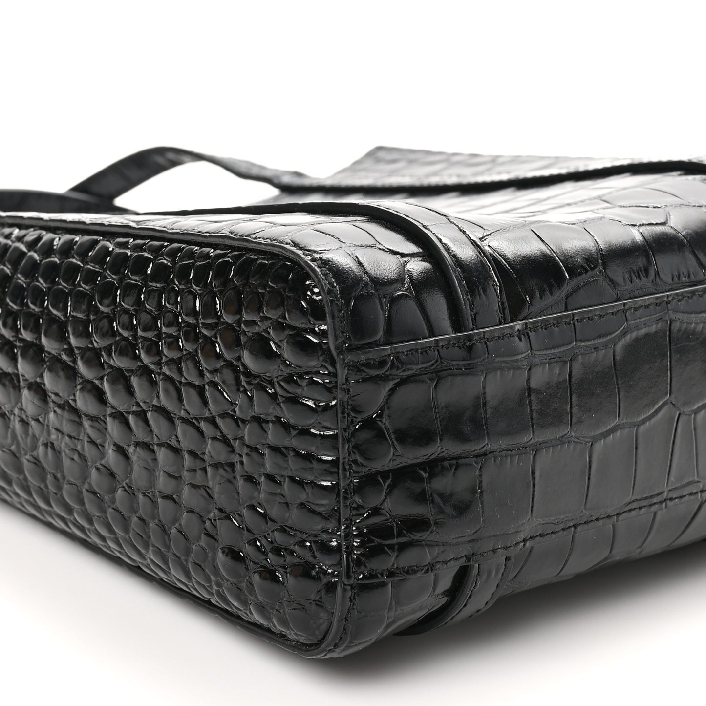 Shiny Calfskin Logo Crocodile Embossed XXS Everyday Tote Black