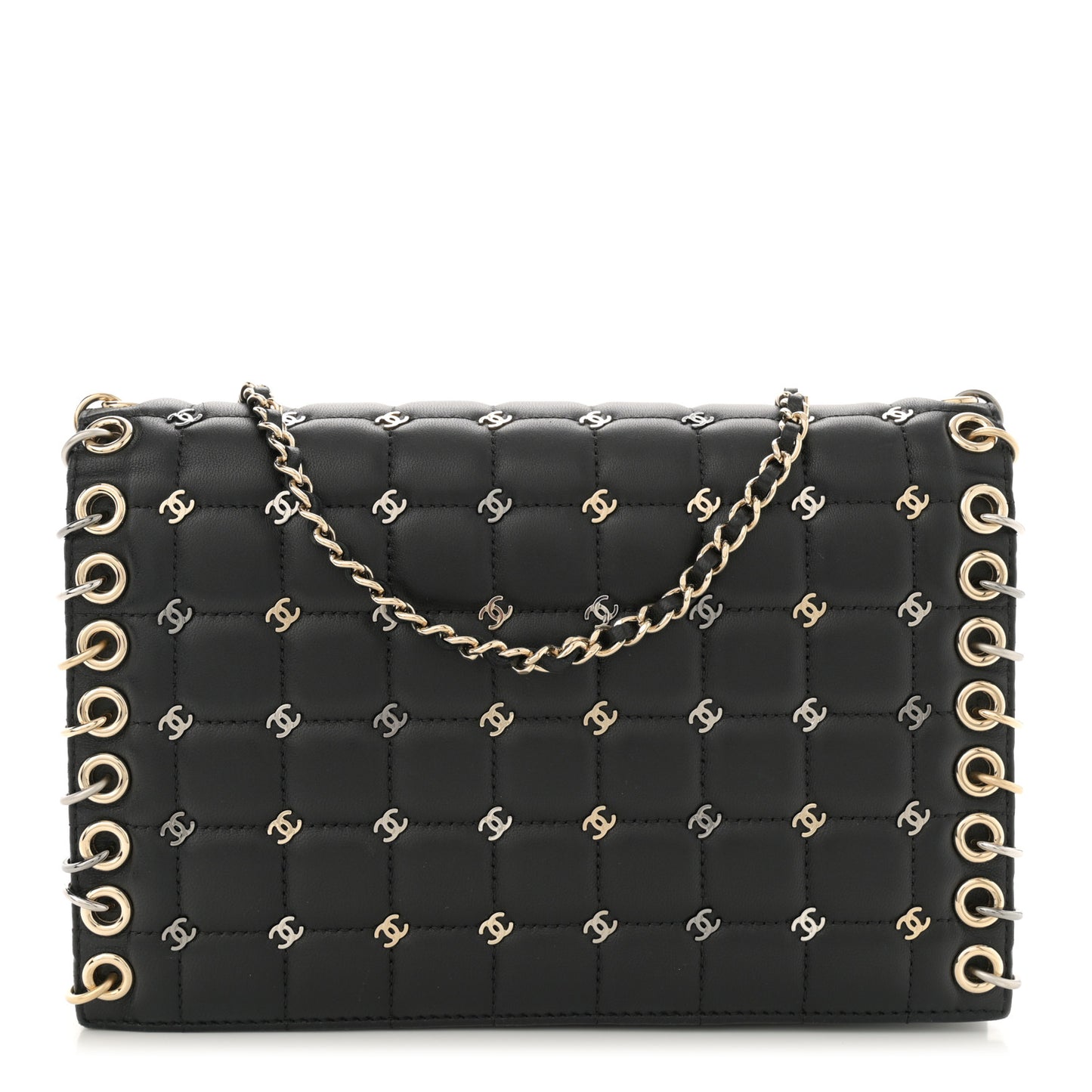Lambskin Chocolate Bar Piercing CC Studded Small Chain Flap Bag Black