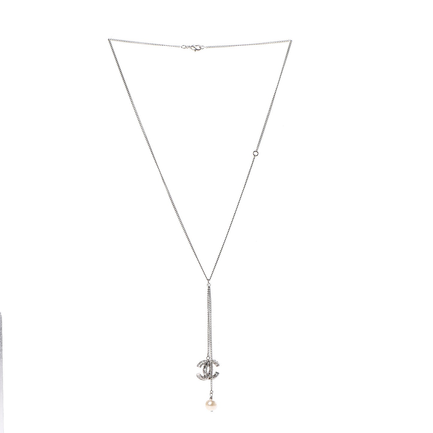 Baguette Crystal Pearl CC Lariat Necklace Silver
