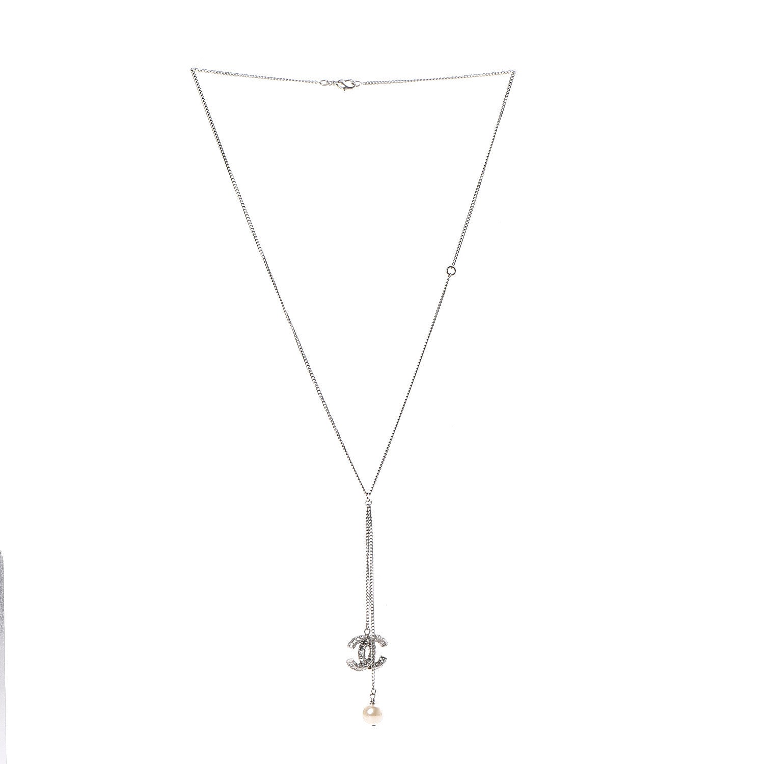Chanel Baguette Crystal Pearl CC Lariat Necklace Silver 2 of 3