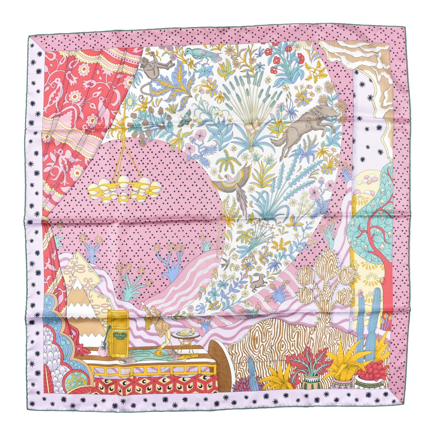 Hermes Silk Le Premier Chant Scarf 90 Vieux Rose Vert Jaune 1 of 5