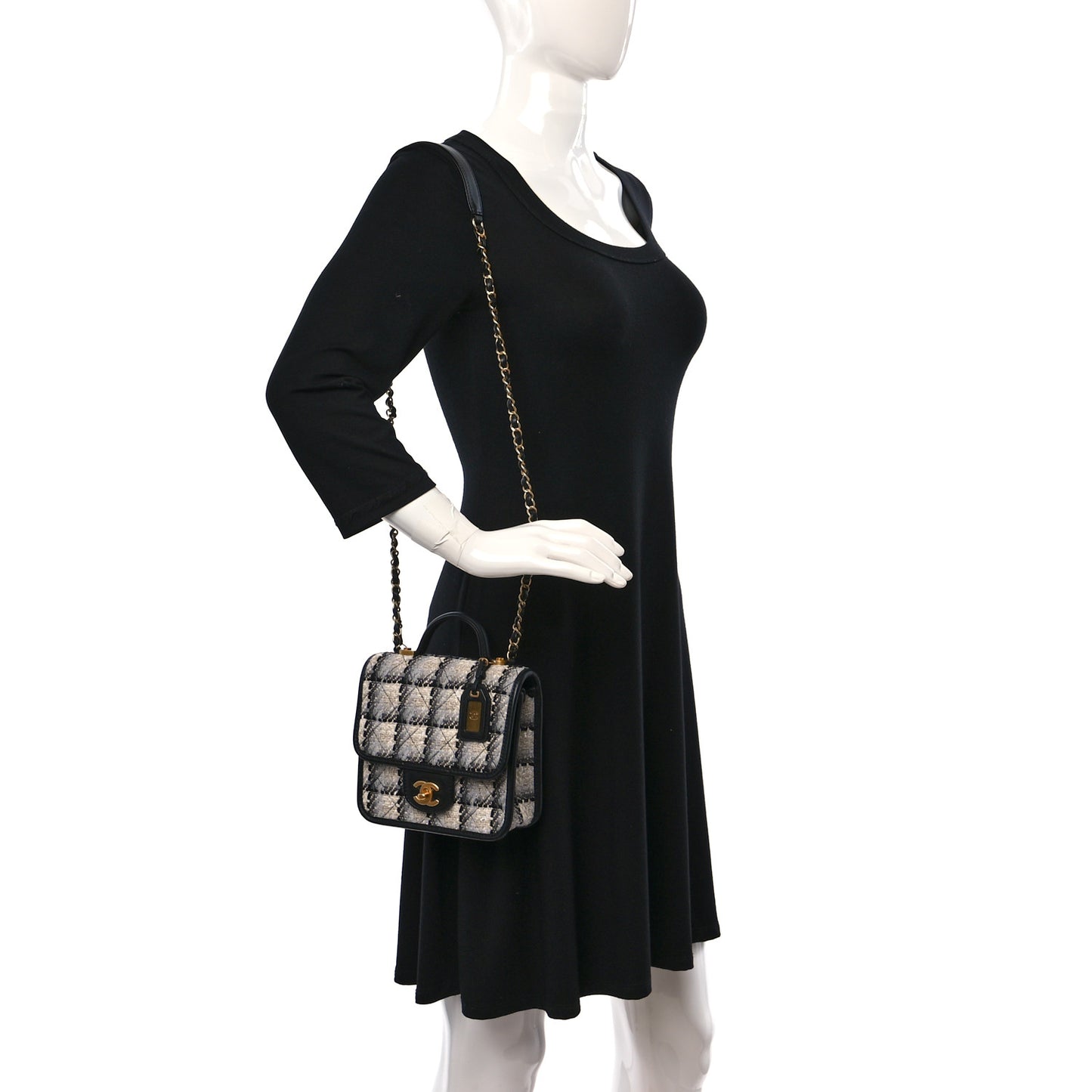 Tweed Calfskin School Memory Mini Top Handle Flap Ecru Grey Beige Black