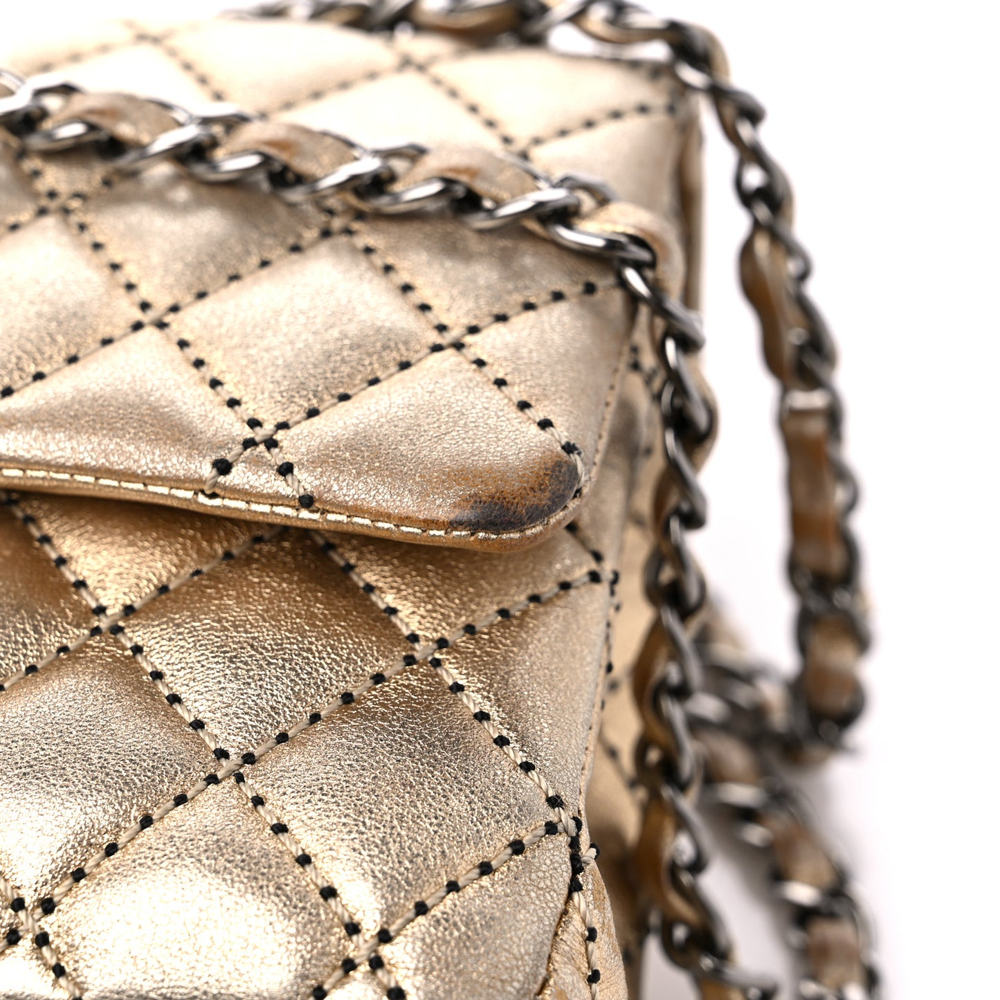 Metallic Washed Lambskin Quilted Medium Double Flap Dark Gold Black