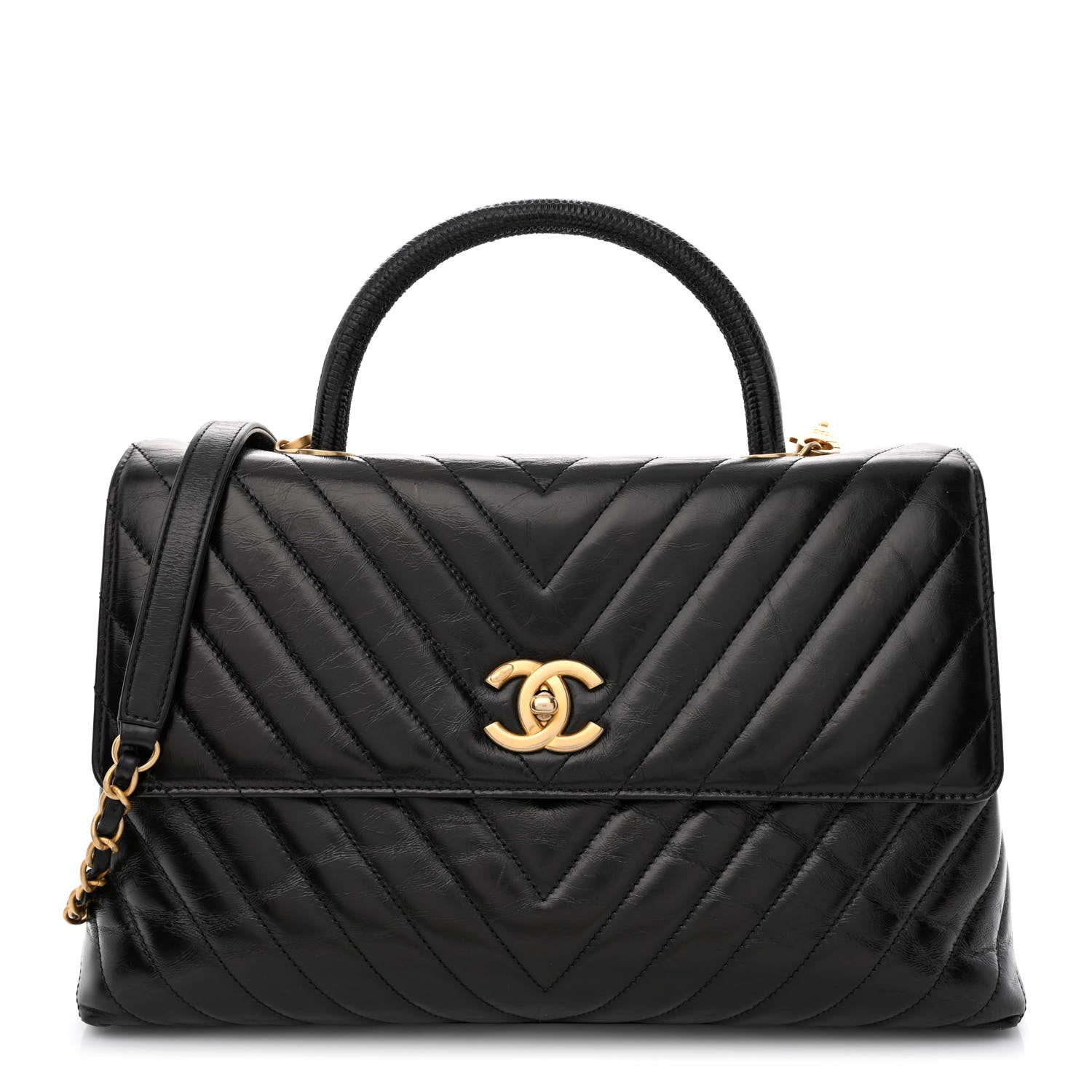 Chanel Calfskin Lizard Chevron Quilted Medium Coco Handle Flap Black 1 of 15