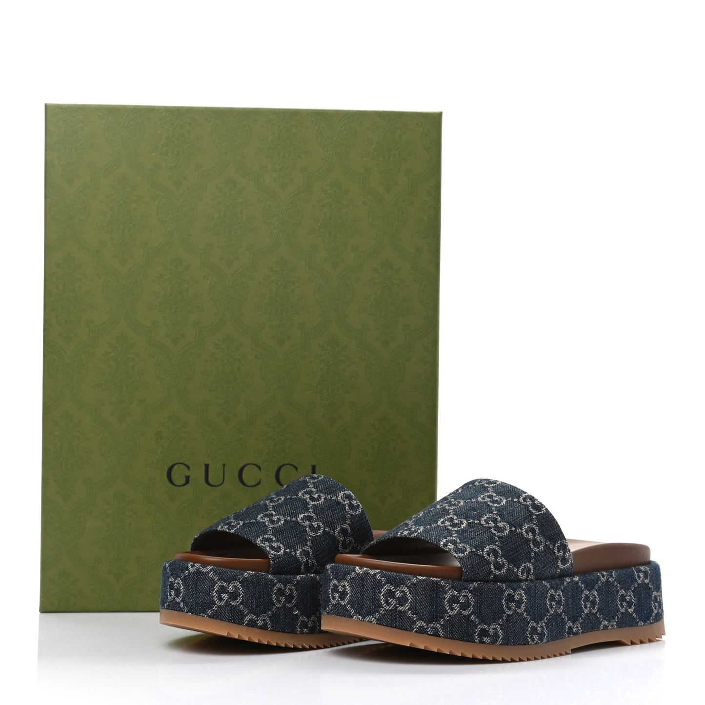 New Denim GG Monogram Angelina Platform 55mm Slide Sandals 36 Blue Tea