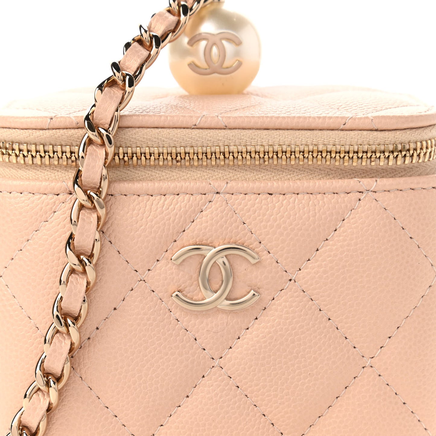 Iridescent Caviar Quilted Mini Pearl On Top Vanity Case With Chain Beige
