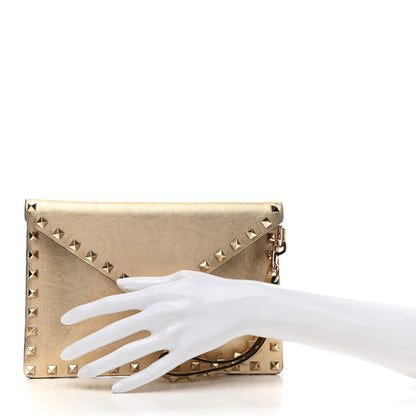 Valentino Garavani Metallic Calfskin Medium Rockstud Envelope Flat Wristlet Pouch Gold 2 of 11