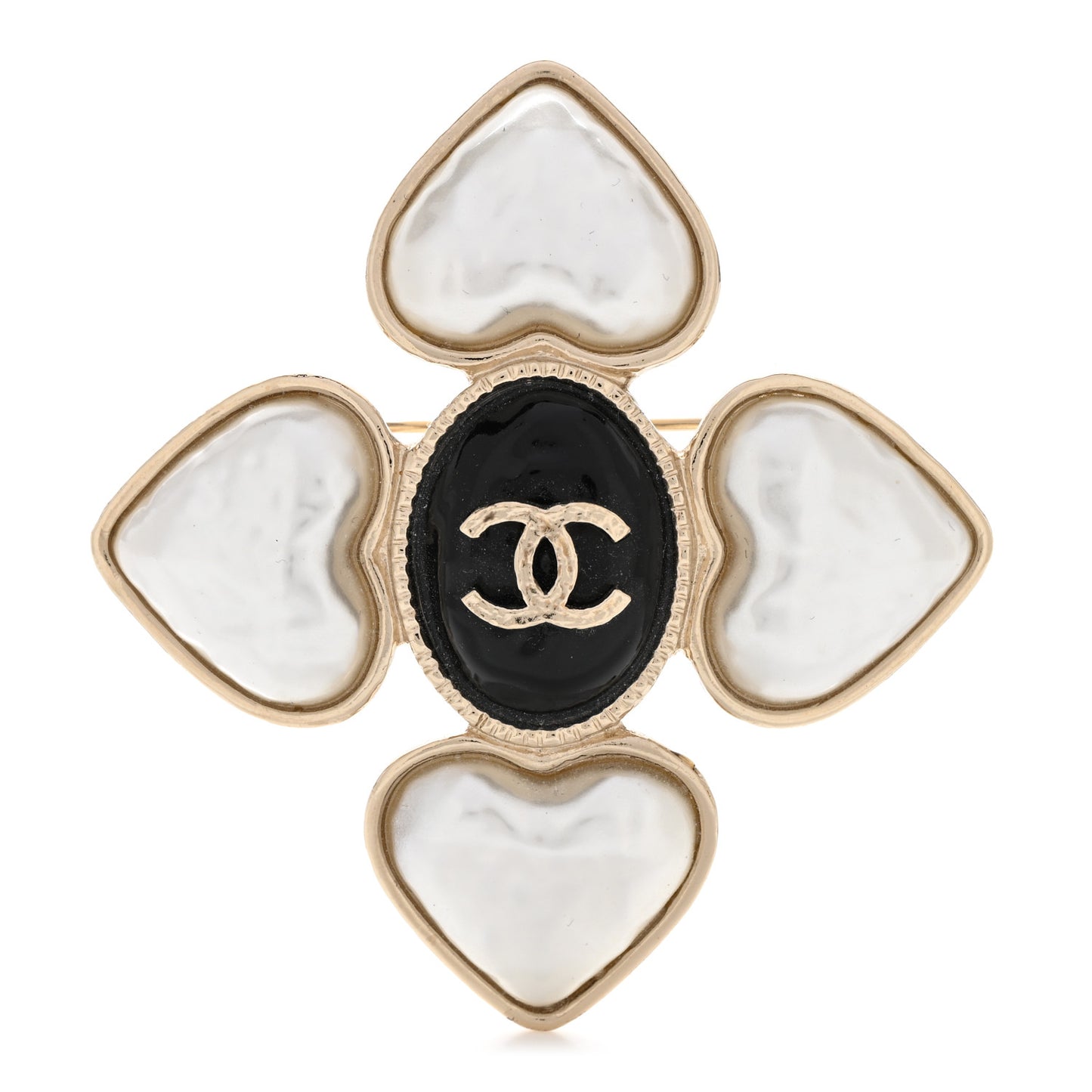 Resin Pearl CC Heart Brooch Gold Pearly White Black